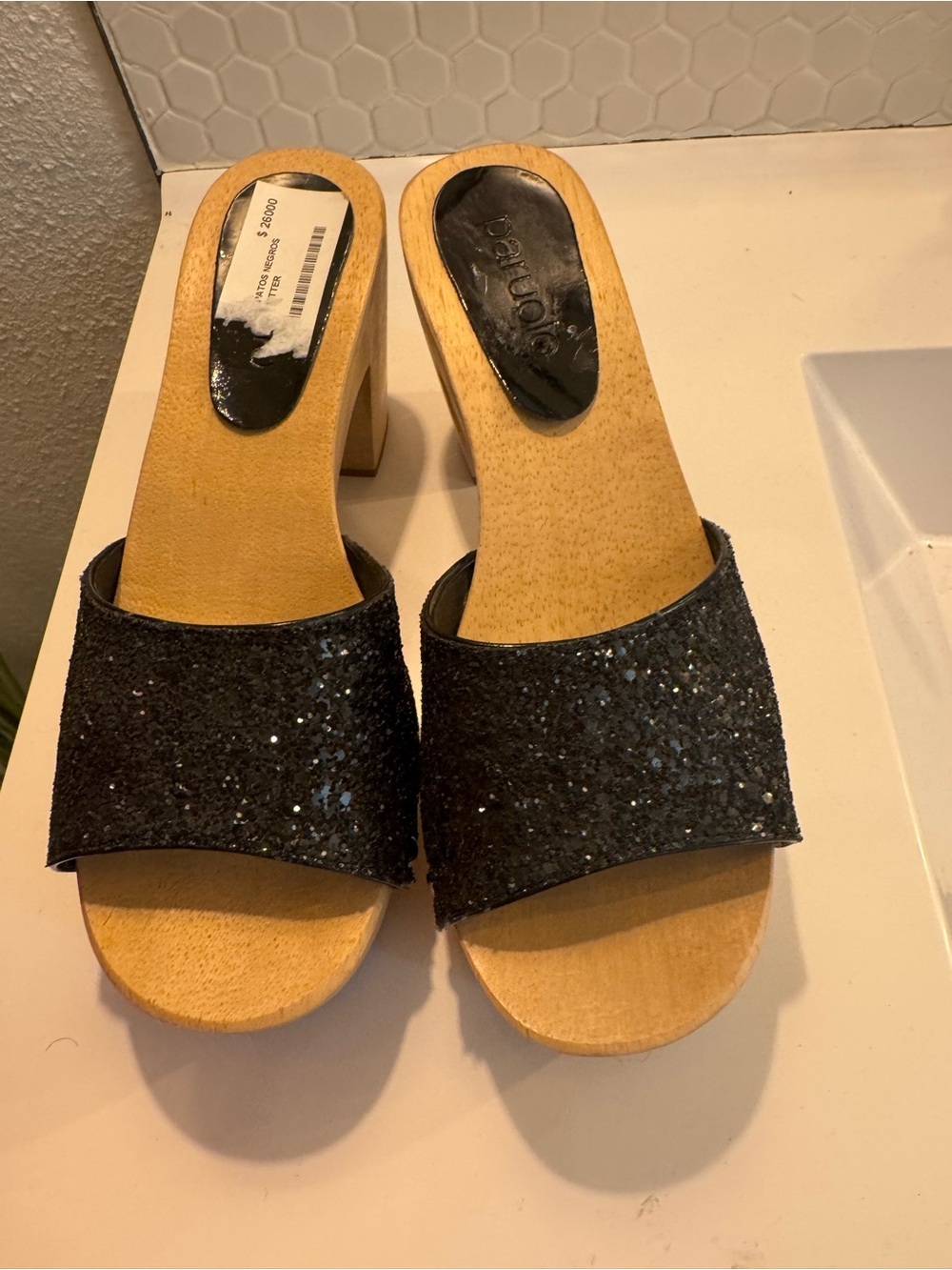 Paruolo Black Glitter Platform Clog Mule with Wooden Block Heel - Women